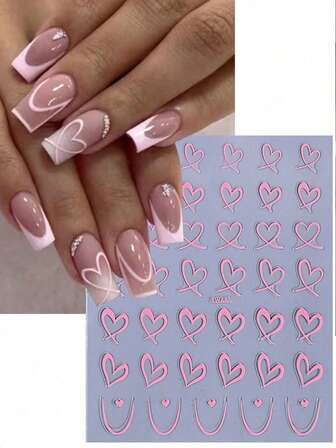 Love Shaped Nail Decoration Stickers, French Heart Shaped Nail Decoration Stickers, Pink, White, Black Love Nail Decoration Stickers, Multi-Color Nail Stickers, Hollow Heart Design Nail Stickers, Heart Pattern Nail Art Stickers, Multi-Color Love Pattern Stickers, Self-Adhesive DIY Nail Art Decoration, Suitable For DIY Valentine's Day Nail Decoration