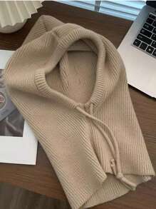 1pc Women 100% Wool Knitted Balaclava Hat & Neck Warmer Set, Windproof Earflap Beanie Hat For Autumn/Winter
