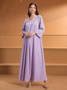 Women's V-Neck Solid Color Handmade Beaded Elegant Long Arabic Style Dress,Modest - Light Purple - View 6