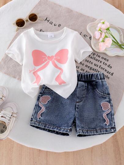 2pcs/Set Baby Girl Round Neck Short Sleeve Bow Printed T-Shirt And Embroidered Bow Denim Shorts Set