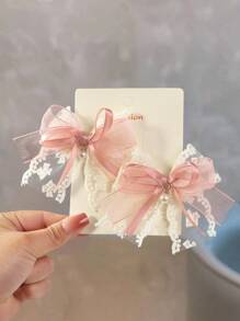 2 Pcs Spring/Summer Lace Pearl Bow Daily Versatile Hair Clips - Pink - View 2