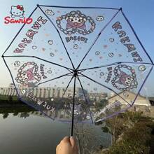 Sanrio 1 PIEZA Paraguas plegable transparente con diseño de dibujos animados lindos de Sanrio - 8 varillas, paraguas de viaje resistente al viento, fácil de abrir, compacto, con armazón de fibra resistente y toldo impermeable - Mochila, billetera, paraguas portátil de viaje