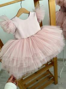Baby Girls Butterfly Sleeve Pink Tulle Elegant Princess Party Dress, Suitable For Girl's 1st Birthday, Wedding, Party, Holiday Celebration - Pink - View 6