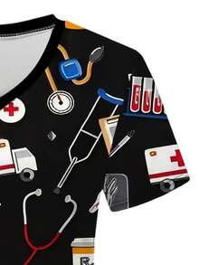 Plus Size Women's V-Neck Short Sleeve Printed Uniform T-Shirt Scrub Top With Pocket