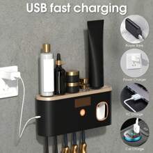 Intelligent UV Toothbrush Sanitizer Holder And 5 Slots Toothbrush Holders, Toothbrush Holder Wall Mounted With Toothpaste Dispenser, USB/Solar Rechargeable Toothbrush Sterilizer, Bathroom Toothbrush Sanitizer, Without Drilling Home Bathroom Decor Fall Decor Back To School - 黑金色 - 查看 5