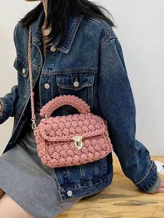 1 pieza Bolso de mano de mujer de ganchillo artesanal con diseño floral y de rayas, bolso de mano informal y de moda con correa de cadena desmontable, versátil y de gran capacidad, adecuado para uso diario y fiestas, regalo para amigos