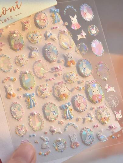 5D Glitter Cartoon Rabbit With Pear Nail Art Stickers - Cute Rabbit Decals, Self-Adhesive Manicure Decor DIYfor Nail Art Charms, Easter Festival.