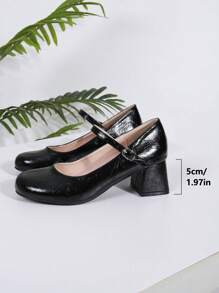 [Pantofi de modă pentru femei] Toc Mary Jane cu vârf rotund - Pantofi cu platformă cu curele la gleznă din piele lucioasă, cu talpă din cauciuc anti-alunecare (Pantofi Mary Jane cu toc gros cu vârf rotund nou sosire), pantofi de balet cu toc înalt de modă pentru femei, pantofi de balet cu toc înalt burgundy, pantofi de vacanță cu curea cu cataramă, pantofi rotunji pentru petrecere, exclusivi, pentru femei. Sandale roșii cu toc înalt fără spate - Negru - Vizualizare 3