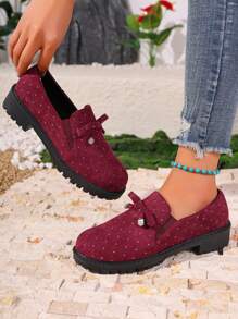 Women Elegant & Comfortable Loafers - Breathable Soft - Exquisite Suede Craftsmanship - Shiny Rhinestone Bow Decor - Classic Polka Dot Pattern - Round Toe/Low-Cut/Bowknot - Flat No Heel - Black Loafers Suitable For All Seasons - Casual Fashion Style - Fit For Daily Commute/Casual Gatherings/All Seasons - Black - High-Grade Velvet Material - Block Heel - Red - View 5