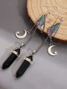 Boucles d'oreilles avec lune, étoile, cristal de quartz et ailes de papillon, style Y2K avec lune croissante et boucles d'oreilles étoilées pour femmes