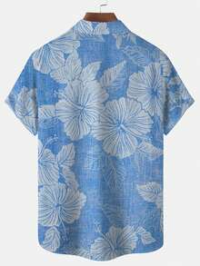 Hawaiian Floral Texture Print Men's Button Pocket Short Sleeve Shirt - Baby Blue - View 3