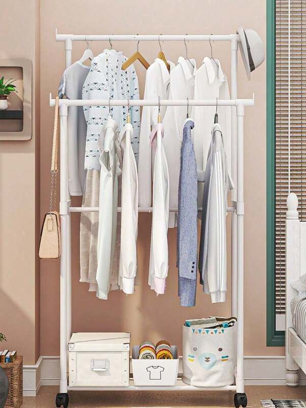 1pc Adjustable Metal Garment Rack With Wheels - Portable Double-Hanging Rod Clothes, Shoes & Accessories Organizer With Shelf - Stainless Steel, Black/White - Space-Saving For Bedrooms & Closets, Closet Storage Solution | Sleek Metal Rack | Sturdy Metal Frame, Clothes Organizer Storage