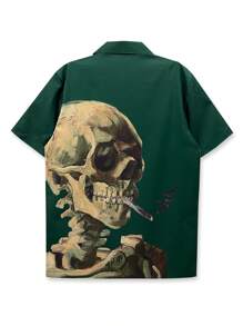 1 件 140 克四向弹力休闲衬衫，男士沙滩衬衫，男女通用嘻哈复古 Y2K 骷髅彩绘风格，简约个性化，黑色，适合夏季，军绿色