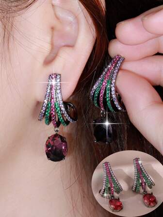 1pair Elegant Cubic Zirconia Decor Drop Earrings For Women For Daily Decoration For Party Banquet Wedding