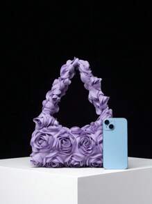 3D Rose Flower Shoulder Bag, Tote Bag For Ladies, Elegant Bag For Women, Clutch Bag, Wedding Items, Women's Party Dress, Birthday Bag, Bridal Bag (Pattern Random) - Purple - View 4
