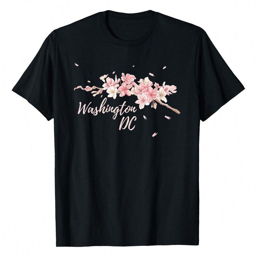 D.C. Cherry Blossom Tree Washington Cherry Festival T-Shirt Graphic Tees Short Sleeve Casual Women Men T Shirts 100% Cotton Tee Shirt Womens Summer Tops Funny Print Women's T-Shirts Soft Comfy Everyday Wear Daily Gift Woman Tshirt Black - Black - View 1