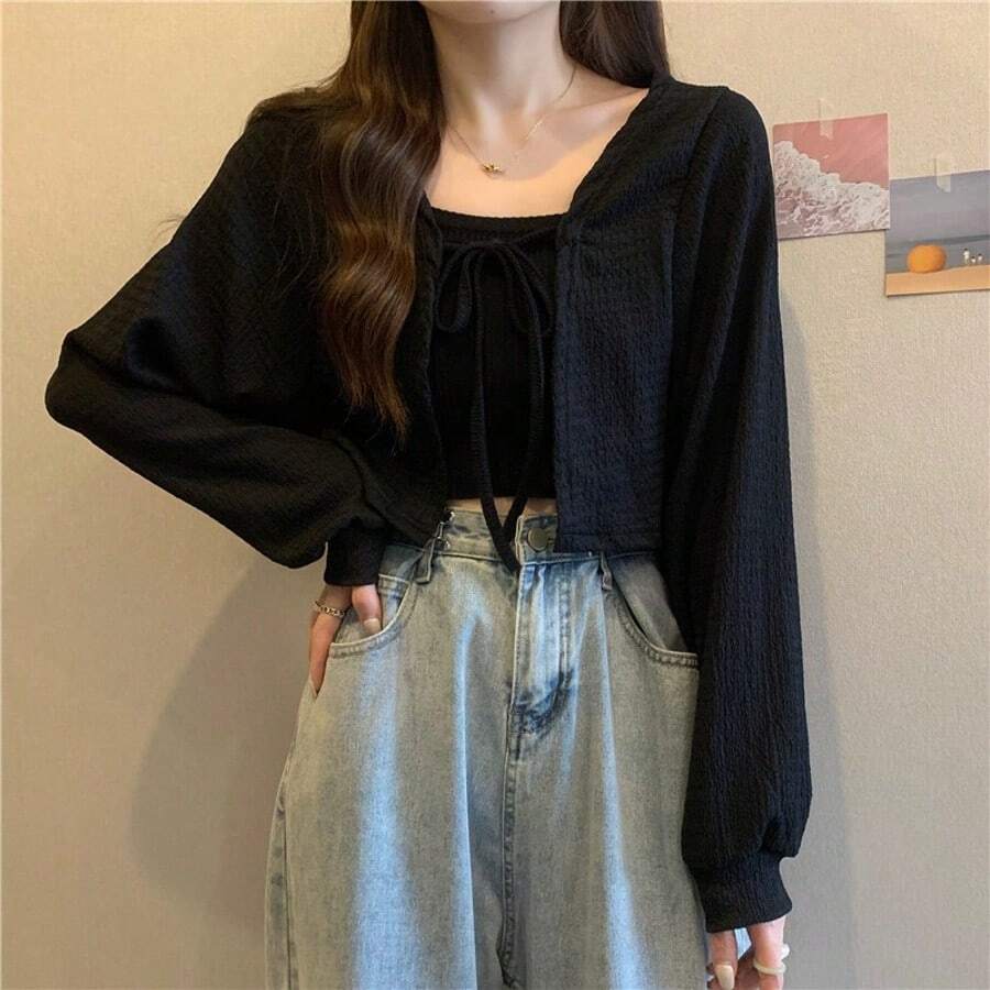 1pc Women's Shrug Cardigan, New Fashion Tie-Front Long Puff Sleeve Cropped Open Front Lightweight Outerwear - Multicolor - View 1