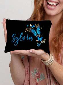 Custom Butterfly Printed Cosmetic Bag, Custom Your Name Cosmetic Bag, Can Be Customized To Your Unique Design, Lightweight Waterproof Canvas Zipper Cosmetic Bag Is Also Perfect For Coin Purse, Pencil Case, Perfect For Shopping, Date, Vacation, Travel, Festival, Party Or As A Gift Makeup Bag Make Up Organizer For Bathroom College Dorm Beach Summer Portable Multifunctional Women Girl Student