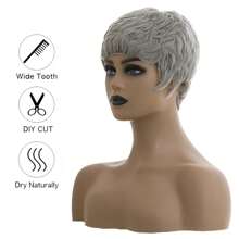 Elegant Short Pixie Cut Bob Wig With Bangs - Gray Layered Human Hair, Straight Style, Perfect For Parties & Cosplay, Machine Made,Hair Wig