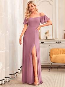 EVERPRETTY Elegant Off-Shoulder Chiffon Long Bridesmaid Dress In Soft Pink, Suitable For Weddings And Graduation Ceremonies - Dusty Pink - View 6