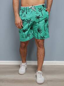 Men's Beach Shorts With Tree Print And Pocket - màu xanh lá - Xem 5
