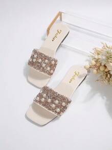 Plus Size Women's Slip-On Rhinestone Decor Sandals, Casual Versatile Outdoor Plastic Flat Slides