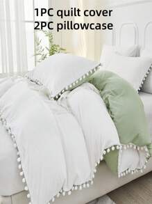 3 件套涤纶双层拼色羽绒被套套装，1 件羽绒被套 2 件枕套，迷人法式波西米亚风 - 白綠色 - 查看 1