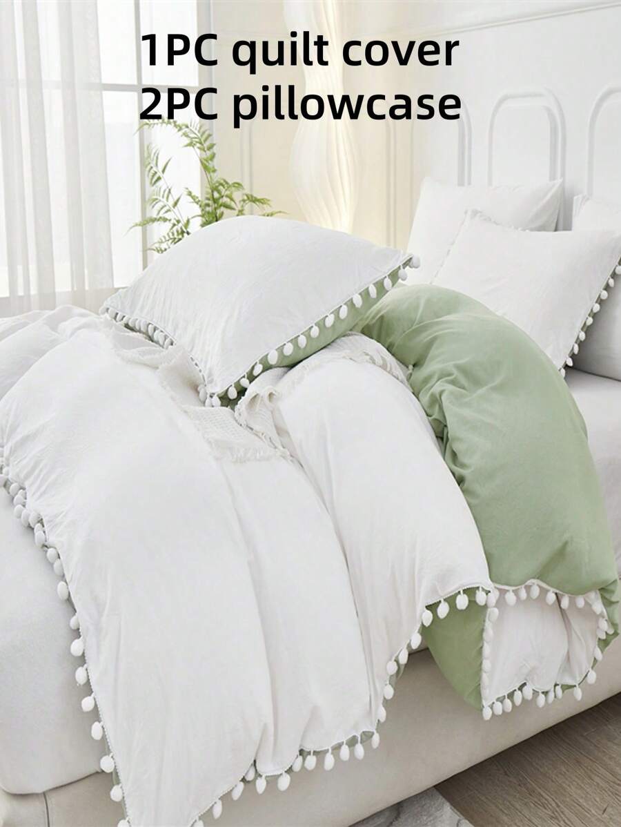 3 件套涤纶双层拼色羽绒被套套装，1 件羽绒被套 2 件枕套，迷人法式波西米亚风 - 白綠色 - 查看 1