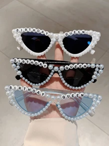 1Pc Women New Full Frame Cat Eye Shaped Fashion Glasses Stylish White Glasses With Faux Pearls Fashion 'Birthday Queen' Letter Frame Multicolor Chic Suitable Birthday Parties And Shows For Summer Beach Vacation,Outdoor,Travel Preppy Style For Back To School