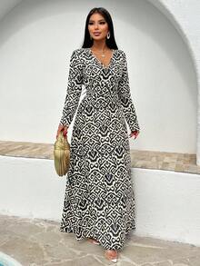 Jane's 女式全印花休闲V领长袖连衣裙 - 黑色 - 查看 4