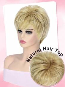 耐热短款精灵假发，带预切刘海 | 无胶玫瑰网帽 | 凌乱金色合成假发，适合日常和派对 | 敏感肌肤友好型