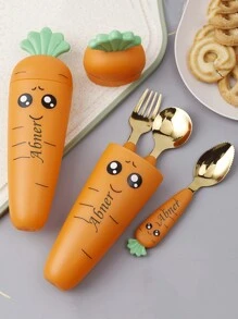 Customizable Text Carrot-Shaped Stainless Steel Baby Fork And Spoon Set, Toddler Feeding Utensils With Cute Carrot-Shaped Portable Storage Container - Multicolor - View 2