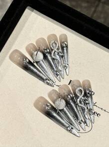 10 件/包银色猫眼水钻蛇形设计超长假指甲，可重复使用手动佩戴指甲，含一体式凝胶抛光，一个迷你指甲抛光器，按压式指甲美甲用品