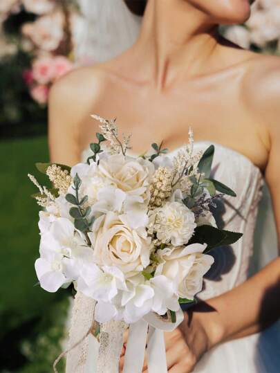 Buquê de rosas artificiais de mão, branco e champanhe, decoração para noivas e madrinhas (branco/champanhe, tamanho normal), presentes, aniversário, formatura, decorações para festas, despedida de solteira, casamento, verão, praia, volta às aulas, material escolar, decoração de quarto