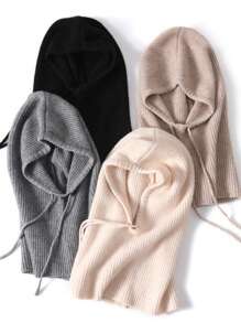 1pc Women 100% Wool Knitted Balaclava Hat & Neck Warmer Set, Windproof Earflap Beanie Hat For Autumn/Winter