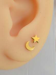 2Pcs/Set Simple Piercing Stud Earrings Stainlesss Steel Mini Small Moon Star Asymmetric Earring For Women Cartilage Helix Tragus Conch Flat Rook Snug Ear Piercing Jewelry - A Set Of Asymmetrical Ball Star and Moon Earrings - View 4
