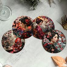 6 Pieces Set, Japanese-Style Kimono Ladies Art Wooden Coasters, Heat-Resistant, Suitable For Drinks And Coffee, Very Suitable For Office, Kitchen, Table Decoration, Unique Art Desktop Protector, Perfect Birthday And Christmas Gifts