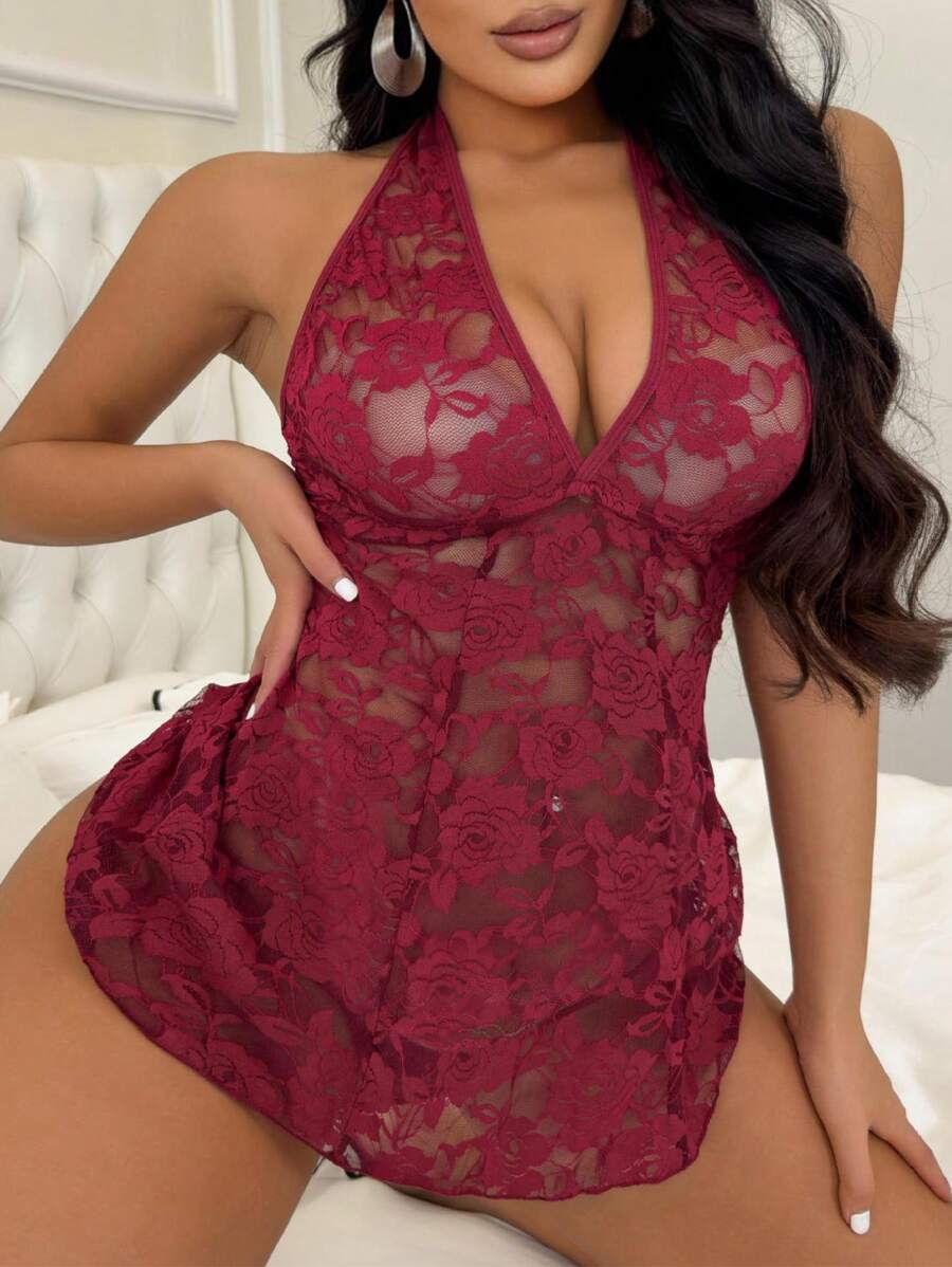 2 piezas Lencería sexy para mujer Vestido mini transparente de cuello halter, adecuado para citas románticas y ocasiones especiales, rave