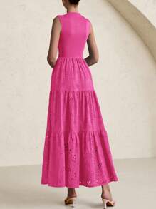 Women's Summer Dress Casual Perforated Sundress Sleeveless Elegant Wedding Guest Dress With Pockets - 玫紅色 - 查看 2