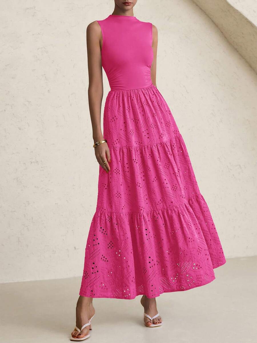 Women's Summer Dress Casual Perforated Sundress Sleeveless Elegant Wedding Guest Dress With Pockets - 玫紅色 - 查看 1