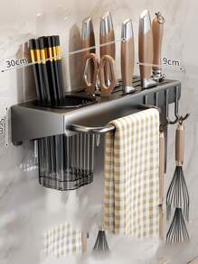 Wall-Mounted Knife Rack With Multi-Functional Kitchen Utensil Organizer, Hole-Free Installation, Integrated Tool Storage For Chopsticks And Knives.