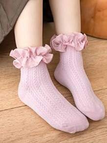 2Pairs Baby Girls Ankle Socks With Cable Pattern And Ruffle Lace Trim Cuff ,Cute And Nice,For Spring,Summer, Dance Socks&Party Socks&Daily Socks&Back To School UNIFORM Socks - Multicolor - View 11