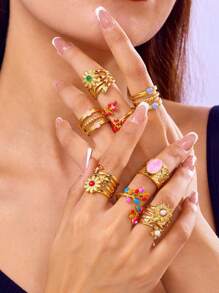 1 pieza Anillo de mujer de acero inoxidable con incrustaciones de strass en color mezclado, de estilo exagerado y con diseño de goteo. Se puede ajustar. Adecuado para uso diario y casual, así como para fiestas y regalos.