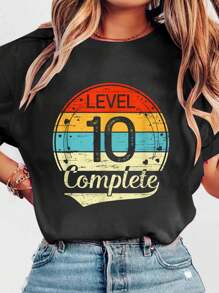 Level 10 Complete Retro 10th Wedding Anniversary T-ShirtPrint Crew Neck Casual T-Shirt Short Sleeve Sports Top, Smart Casual/Street Style Women's Clothing