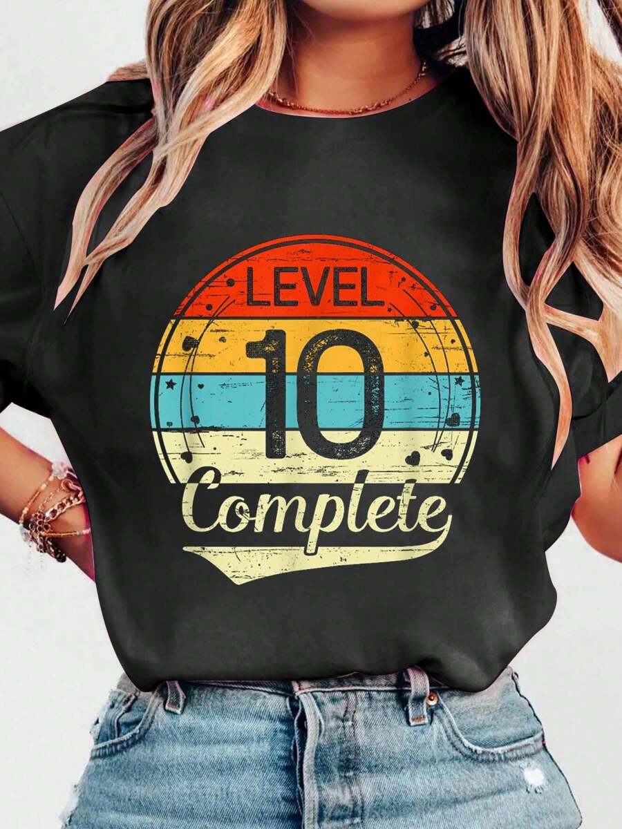 Level 10 Complete Retro 10th Wedding Anniversary T-ShirtPrint Crew Neck Casual T-Shirt Short Sleeve Sports Top, Smart Casual/Street Style Women's Clothing