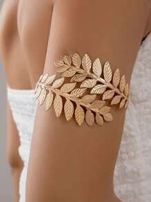 Leaf Bangle Bracelet, Adjustable Roman Bride Metallic Jewelry - Gold - View 2