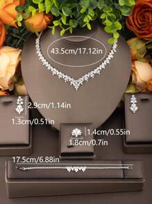 1 Set Elegant CZ Inlaid Jewelry Set For Women, Suitable For Wedding Party, Including 1 Pair Earrings, 1 Necklace, 1 Bracelet, 1 Ring, No Gift Box - Silver 01 - View 5