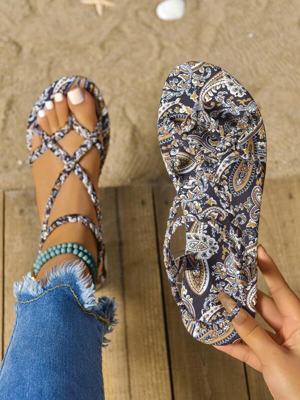 Women's Flat Sandals Fashionable Woven Strap Bohemian Style Sexy Sandals, Versatile Casual Outdoor Lightweight Elegant Sandals