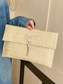 1-Piece Straw Bag With Flap And Bow Decoration Small Bag For Women, Suitable For Daily Shopping And Dating, Fashionable Hand-Held Envelope Bag For Women