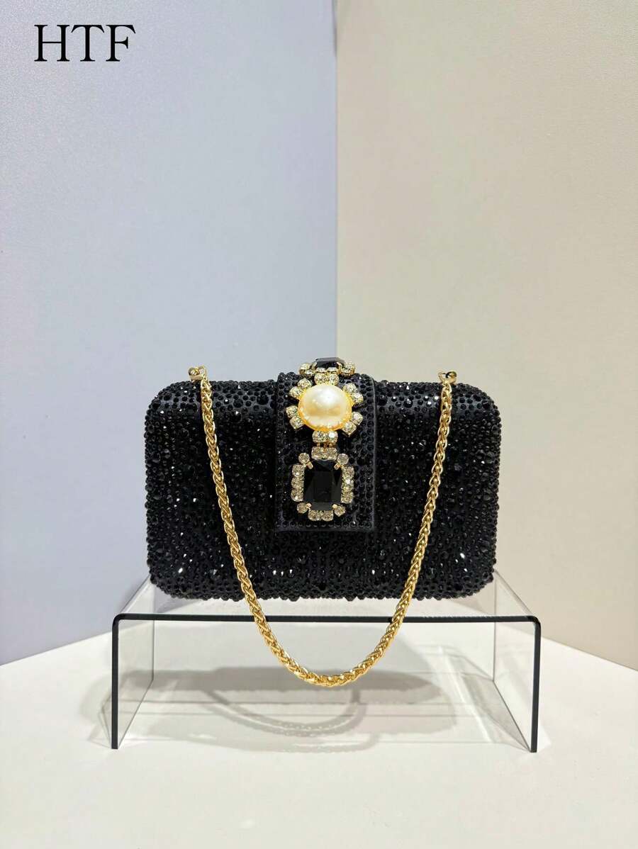 1 szt. Czarny brokat Bling-Bling Rhinestone Torby na ramię Torebki crossbody Torebki Torebki Kryształy Rhinestone Wieczorowa torebka dla kobiet Torebka kopertówka z łańcuszkiem Nadaje się na formalne okazje, wesela, koncerty - Świetny pomysł na prezent dla kobiet